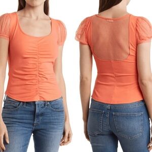 Sz L Free People Coral Puff Sleeve Blush Up Blouse NWOT $40 MSRP